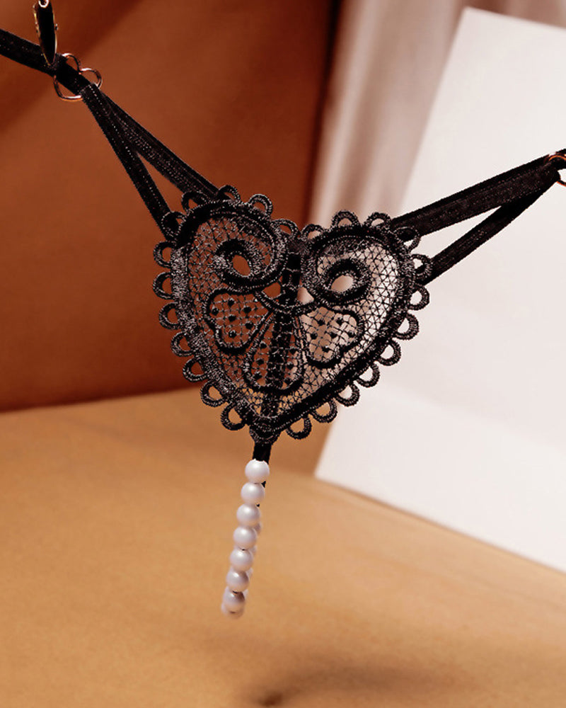 Heart-Shaped Lace Flower Pearl Embellished Thong