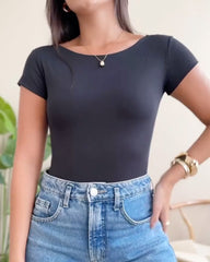 Women's Solid Color Backless Elastic Seamless Skin-Friendly Short Sleeve Top