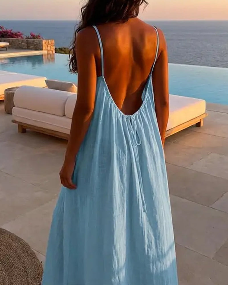 Women's Casual Sleeveless Solid Color Backless Spaghetti Strap Dress