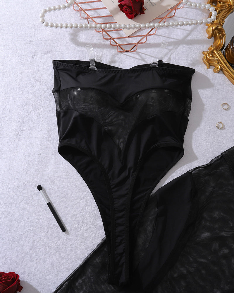 See-through Mesh Strapless Bodysuit with Fitted Skirt Lingerie Set