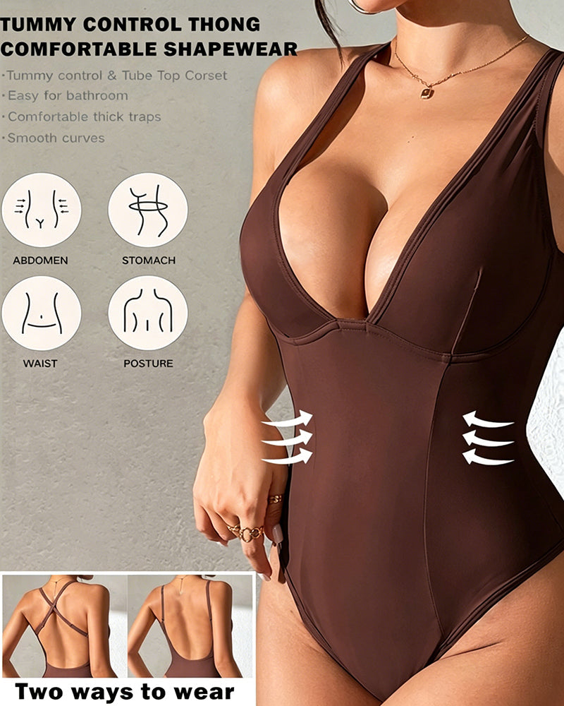 Women's Deep V Tummy Control Butt Lifting Thong Bodysuit