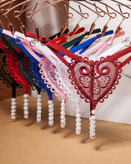 Heart-Shaped Lace Flower Pearl Embellished Thong