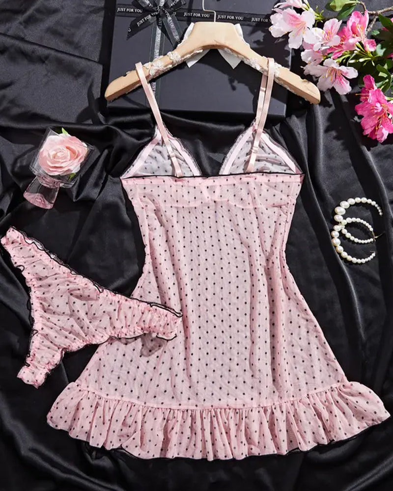 V-neck Polka Dot Print Semi-transparent Suspender Nightdress Set
