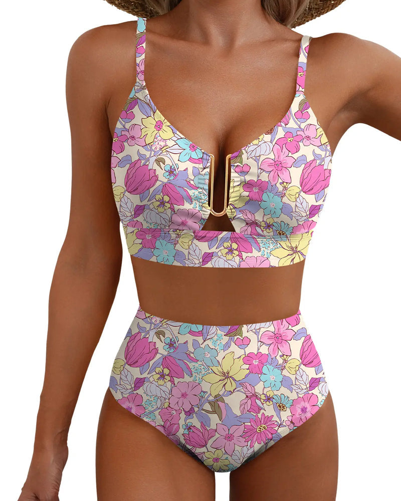 Women's V-neck Floral High-waisted Tummy-control Bikini Swimsuit