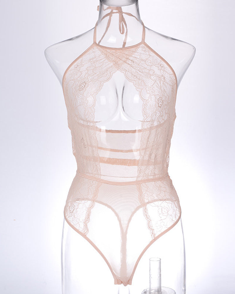 Lace Mesh Openwork Halter Bodysuit