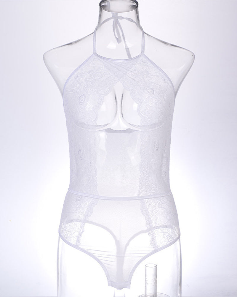 Lace Mesh Openwork Halter Bodysuit