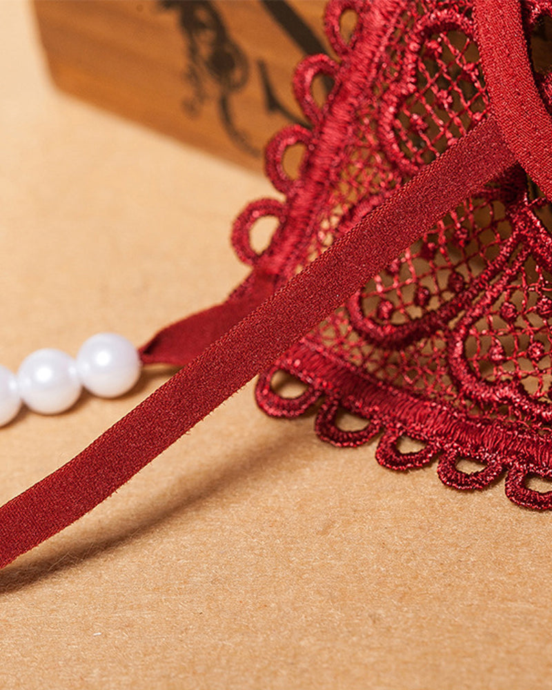 Heart-Shaped Lace Flower Pearl Embellished Thong