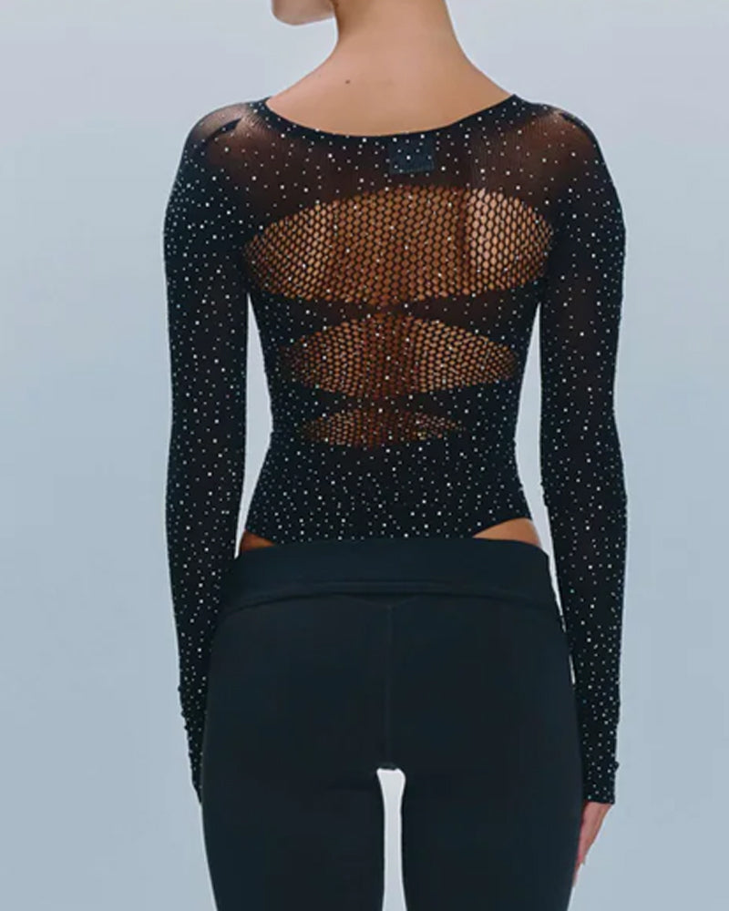 Rhinestone Stretch Fishnet Round Neck Long Sleeve Bodysuit