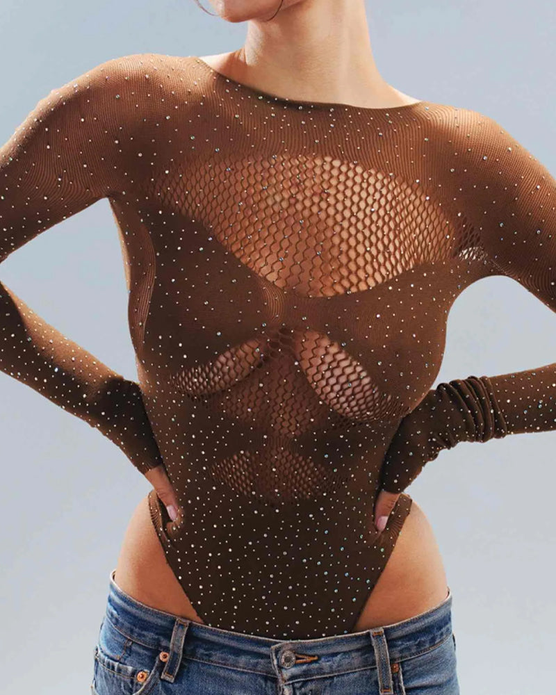 Rhinestone Stretch Fishnet Round Neck Long Sleeve Bodysuit