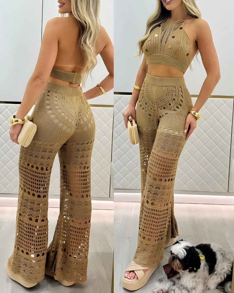 Women's Vacation Knit Hollow Halter Neck Top and Pants Set