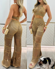 Women's Vacation Knit Hollow Halter Neck Top and Pants Set