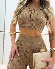 Women's Vacation Knit Hollow Halter Neck Top and Pants Set