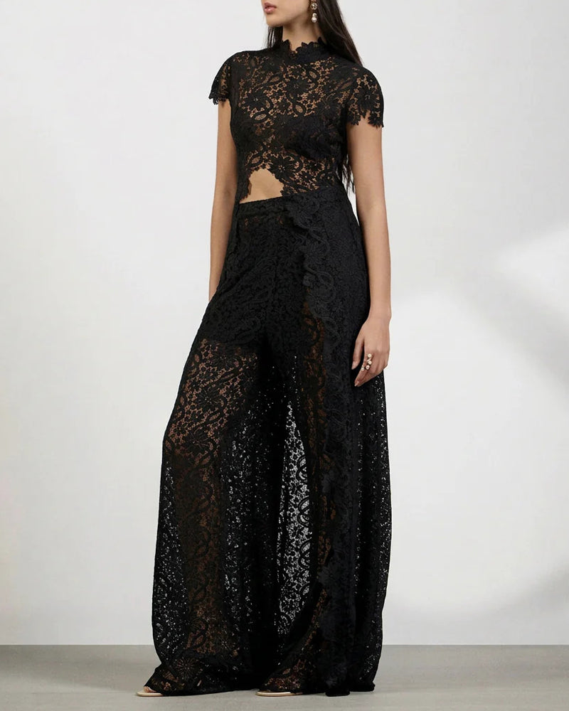 Lace Openwork Front Slit Long Top and Wide-leg Pants Set