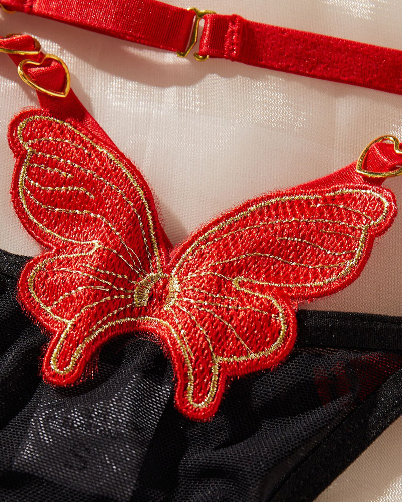 Colorblock Mesh Sheer Butterfly Embroidery Lingerie Set