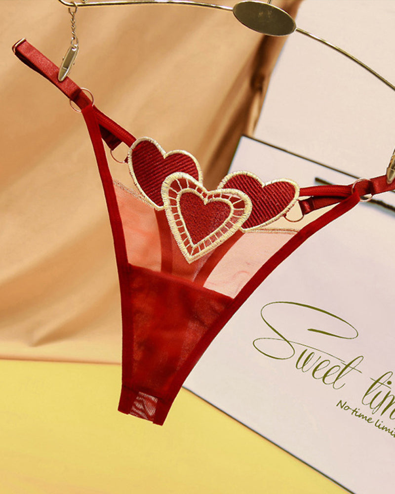 Heart Embroidered Sheer Mesh Thong