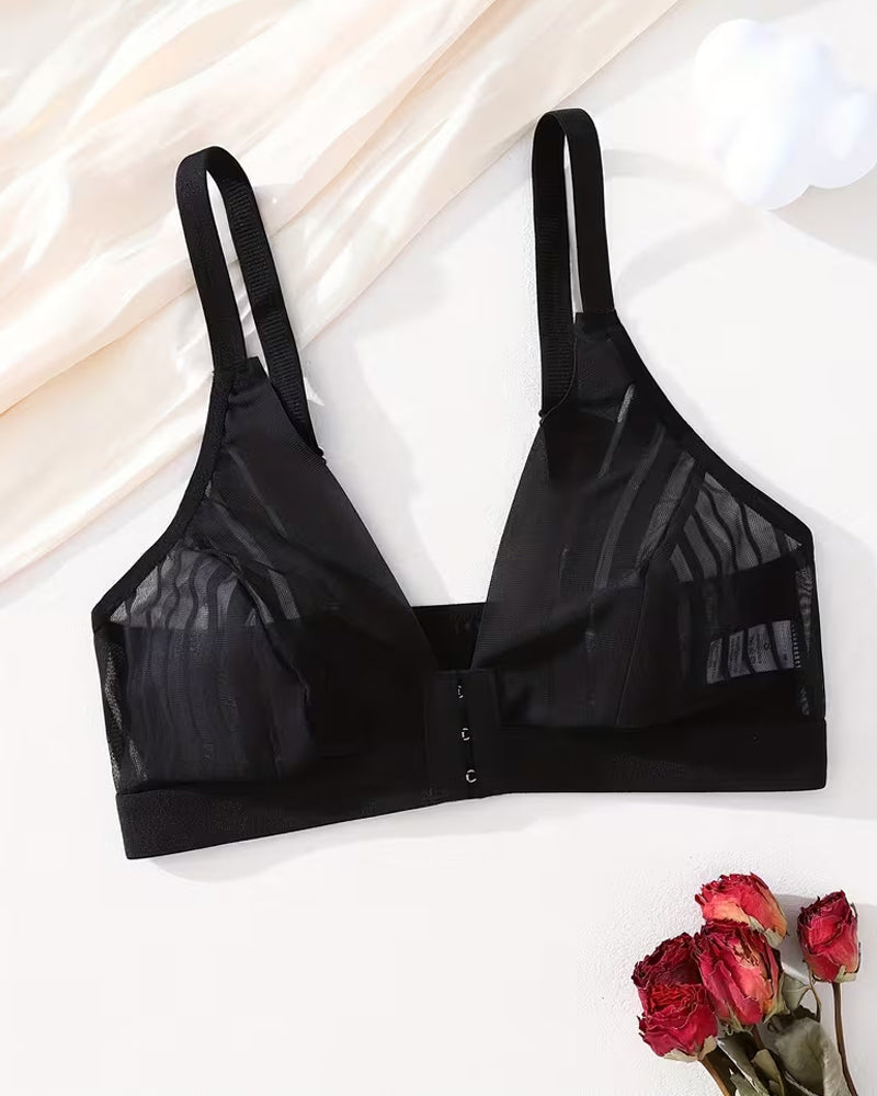 Deep V-neck Striped Mesh Paneling Front-closure Bra