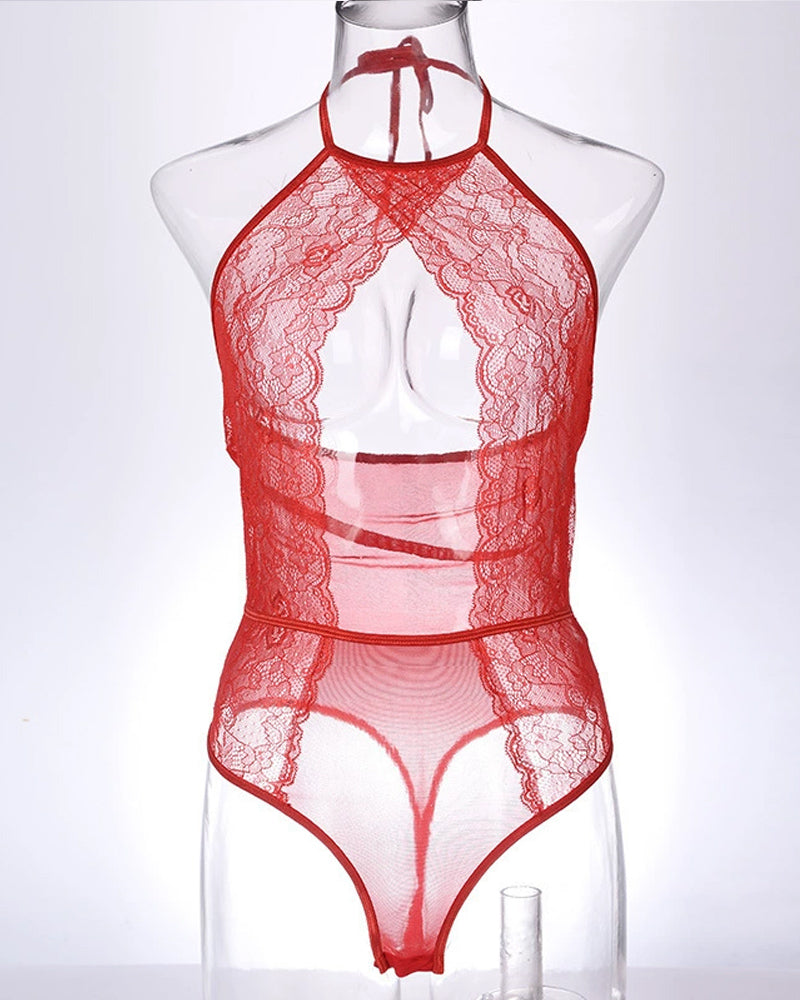 Lace Mesh Openwork Halter Bodysuit
