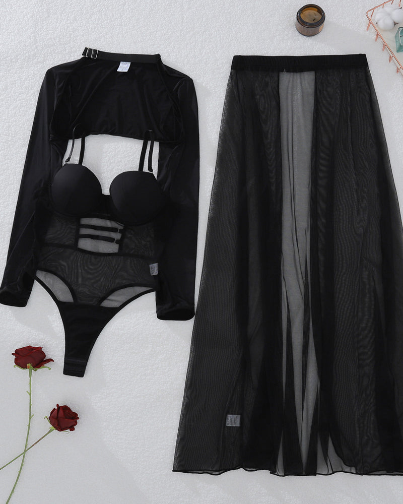 Sheer Mesh Bodysuit with Slit Skirt Three-piece Set