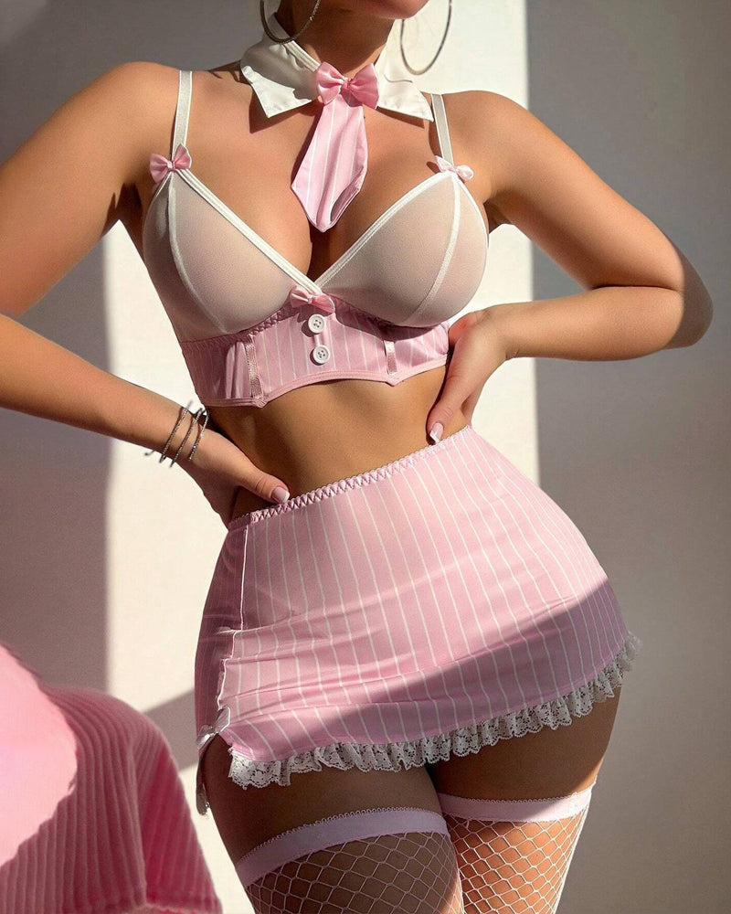 Striped Bow Mini Skirt Uniform Lingerie Set