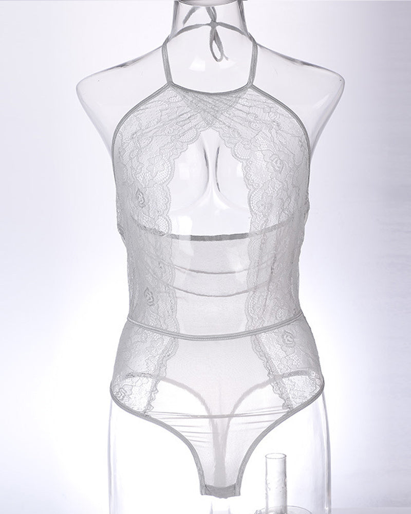 Lace Mesh Openwork Halter Bodysuit