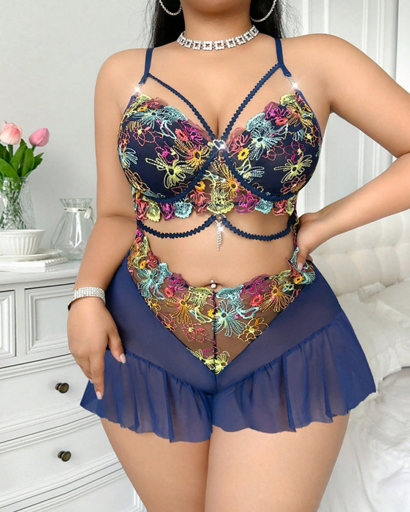 Semi Transparent Mesh Colorful Floral Embroidery Bodysuit