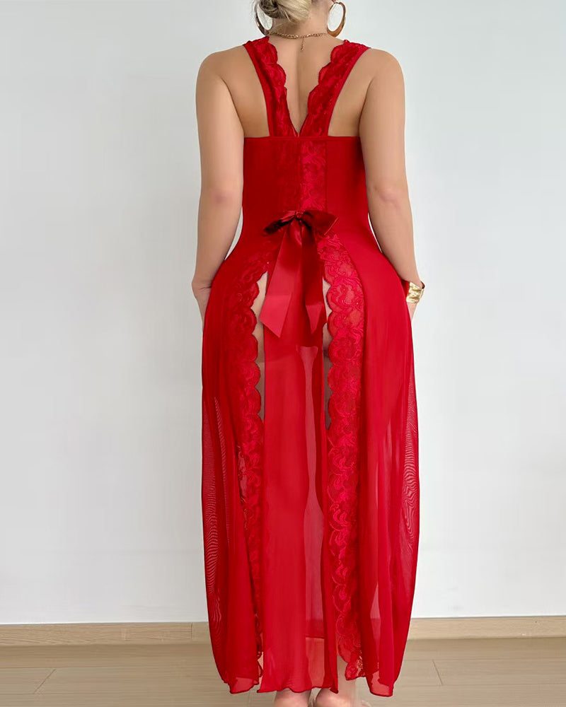 Deep V-neck High Slit Lace See-through Long Nightgown