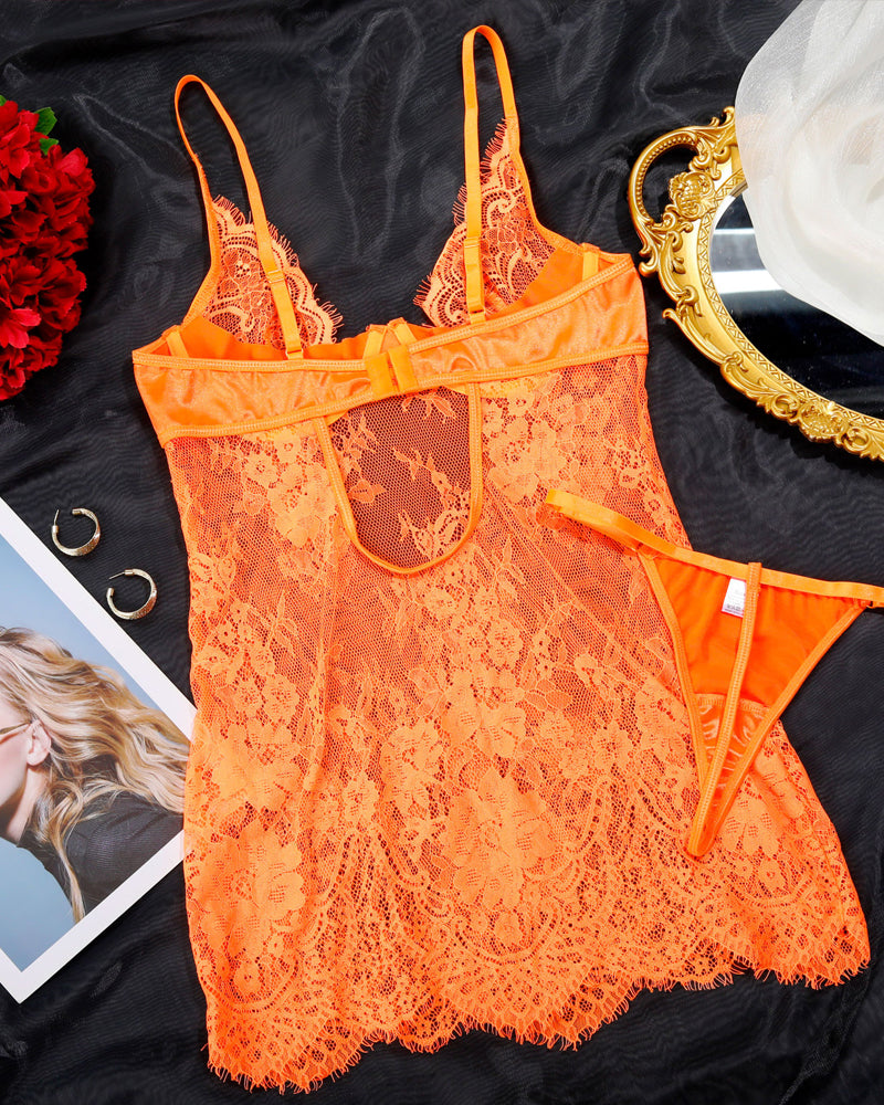 Lace Sheer Push-up Camisole Nightgown and Thong Set
