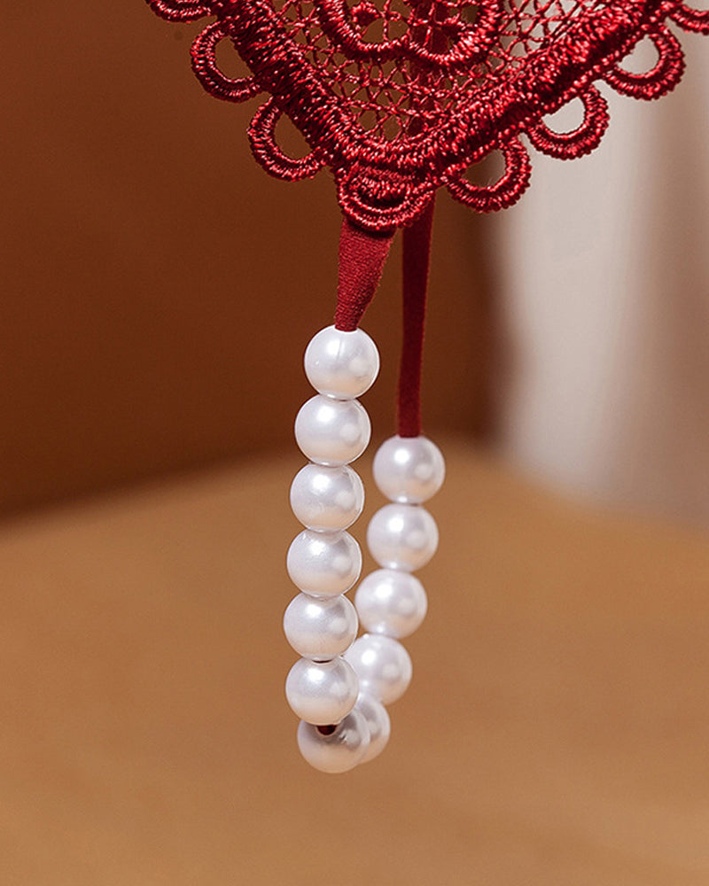 Heart-Shaped Lace Flower Pearl Embellished Thong
