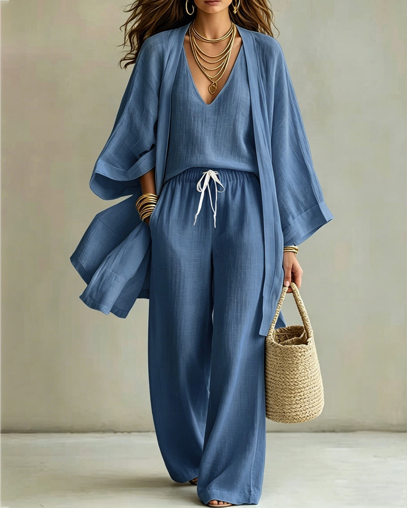 Casual Loose Cotton Linen Sleeveless Vest, Wide-leg Pants and Cardigan Three-piece Set