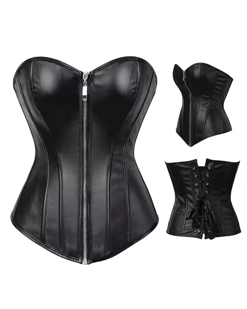 Zippered Black Leather Steel Boned Back Drawstring Corset
