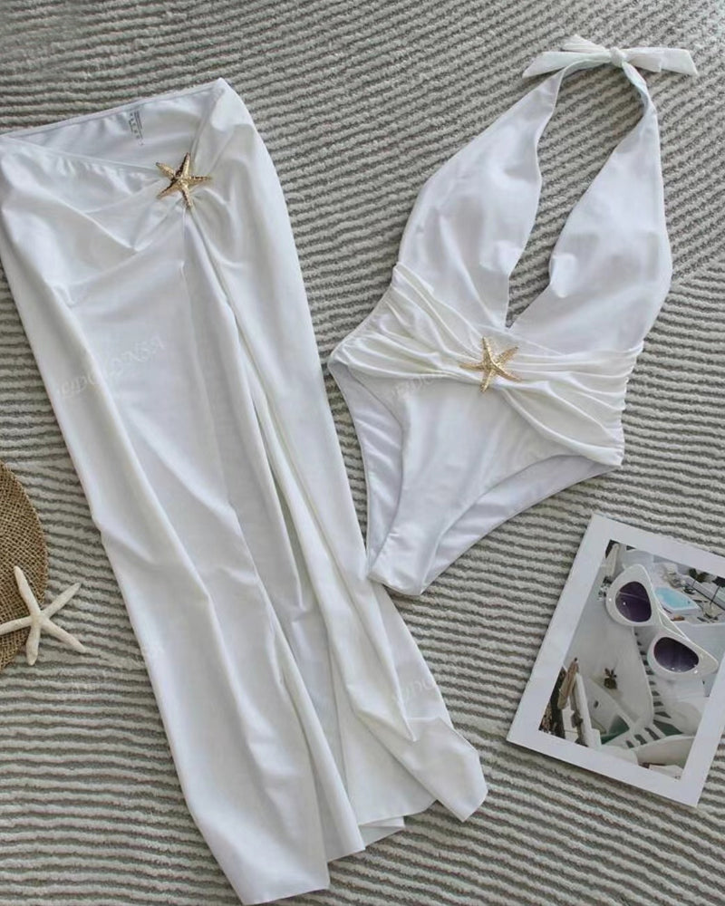 Deep V Halter Neck Swimsuit and High Slit Skirt Set