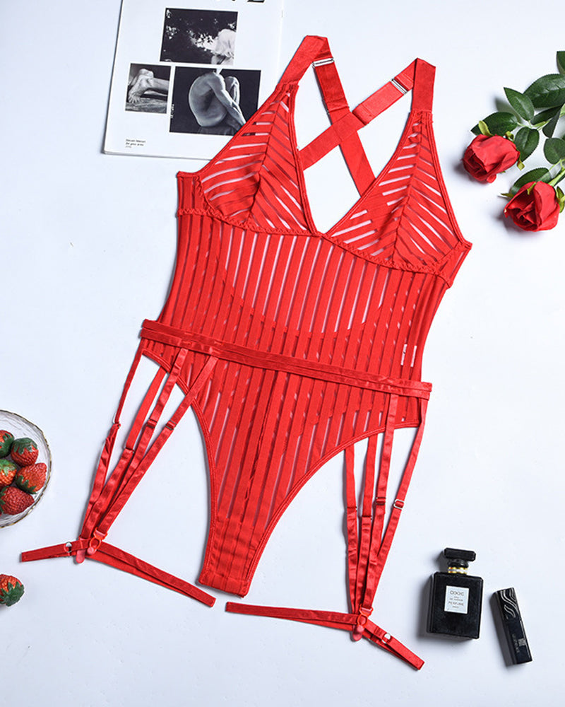 Deep V-neck See-through Mesh Colorblock Striped Bodysuit Lingerie