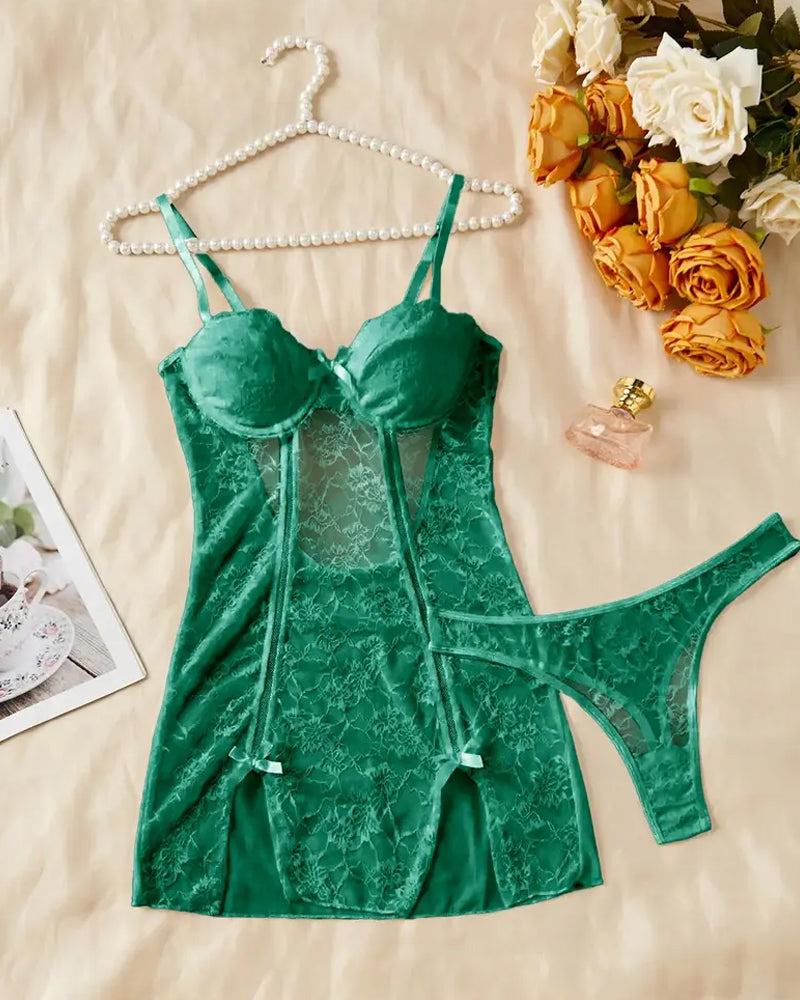 Women's Floral Lace See-through Slip Dress and Thong Set